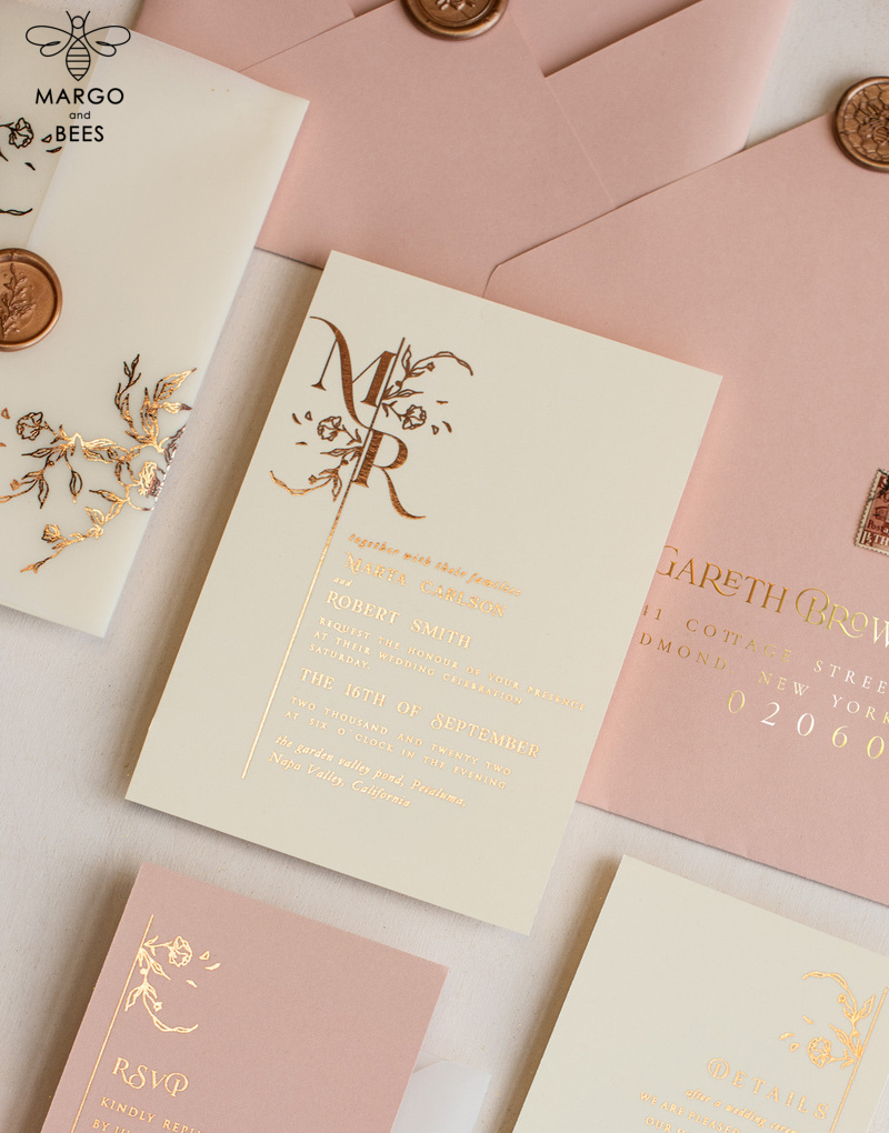 Elegant wedding invitations, glam gold rose gold wedding cards, cream fancy wedding invitiation suite-2