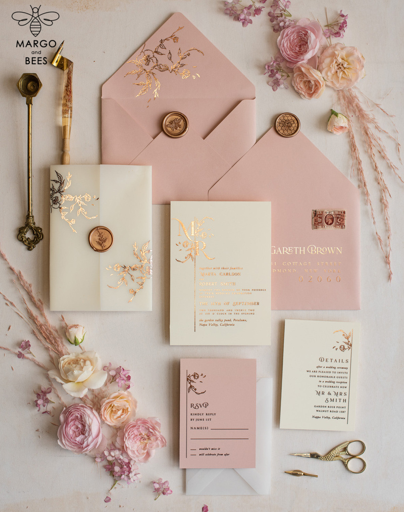 Elegant wedding invitations, glam gold rose gold wedding cards, cream fancy wedding invitiation suite-6
