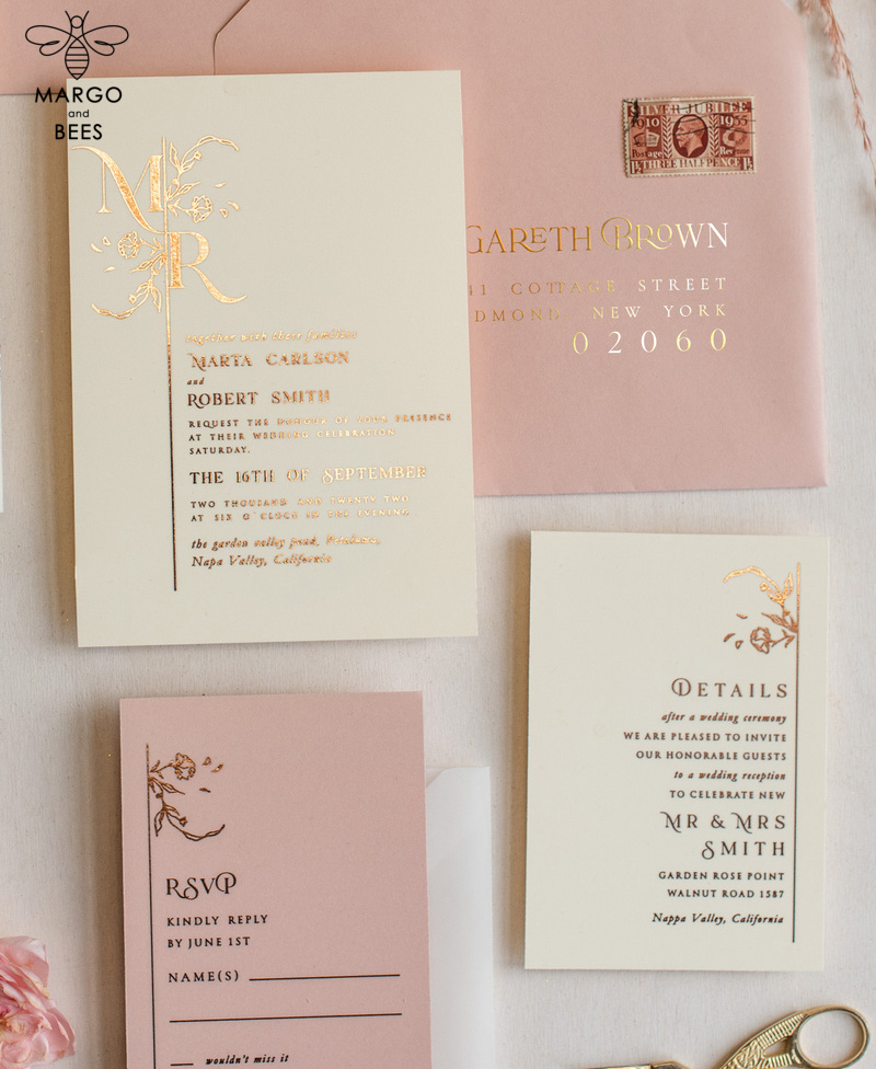 Elegant wedding invitations, glam gold rose gold wedding cards, cream fancy wedding invitiation suite-4