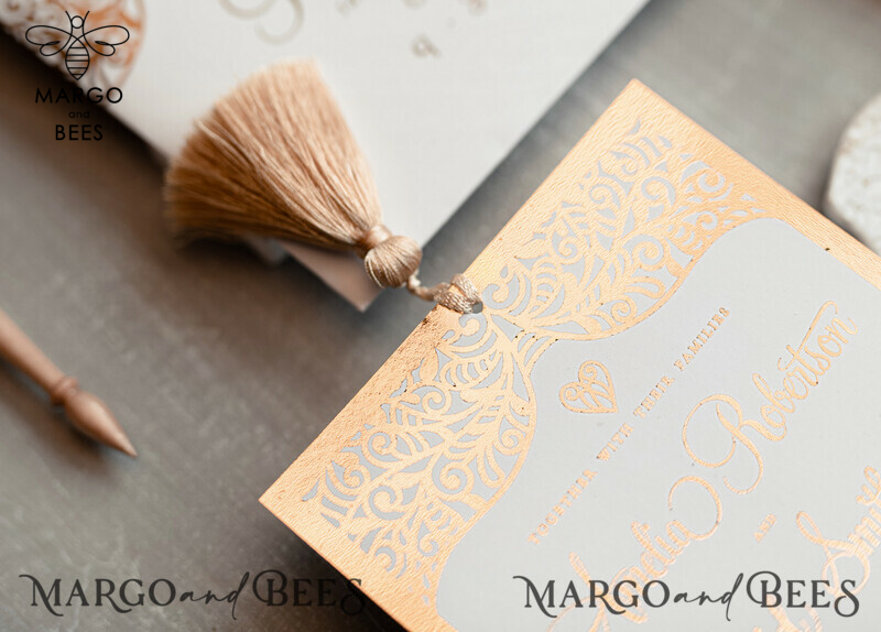 Luxury Golden Arabic Wedding Invitations: Glamour Pocket Wedding Invites With Gold Tassel-1