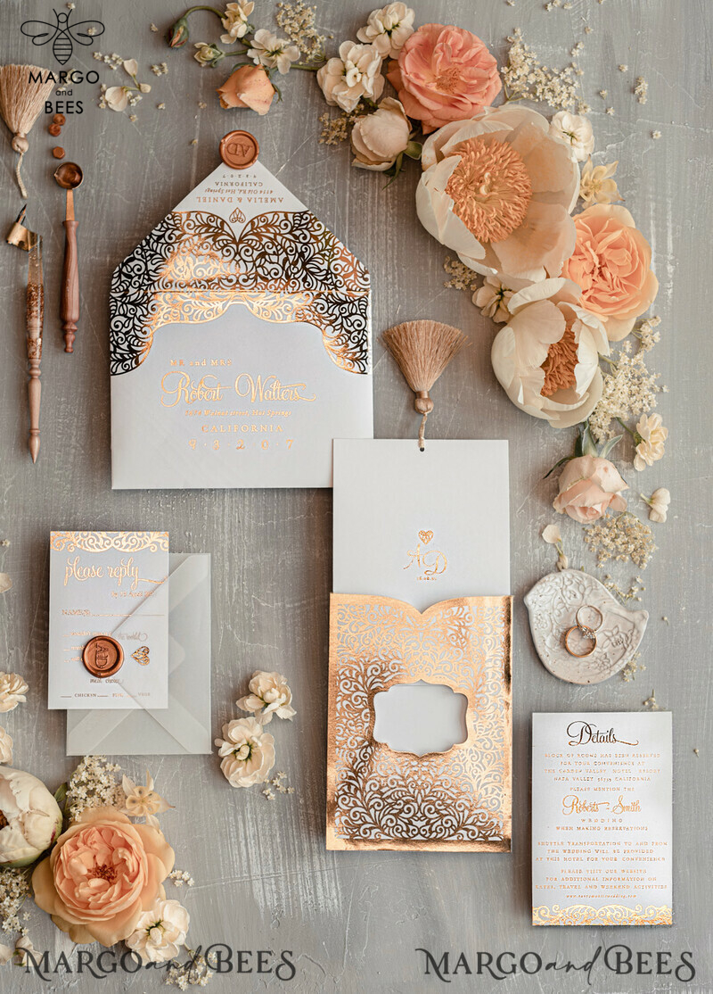  Luxury Golden Arabic Wedding Invitations, Glamour Pocket Wedding Invites With Gold Tassel, Golden Shine Wedding Cards, Elegant Indian Wedding Stationery-2