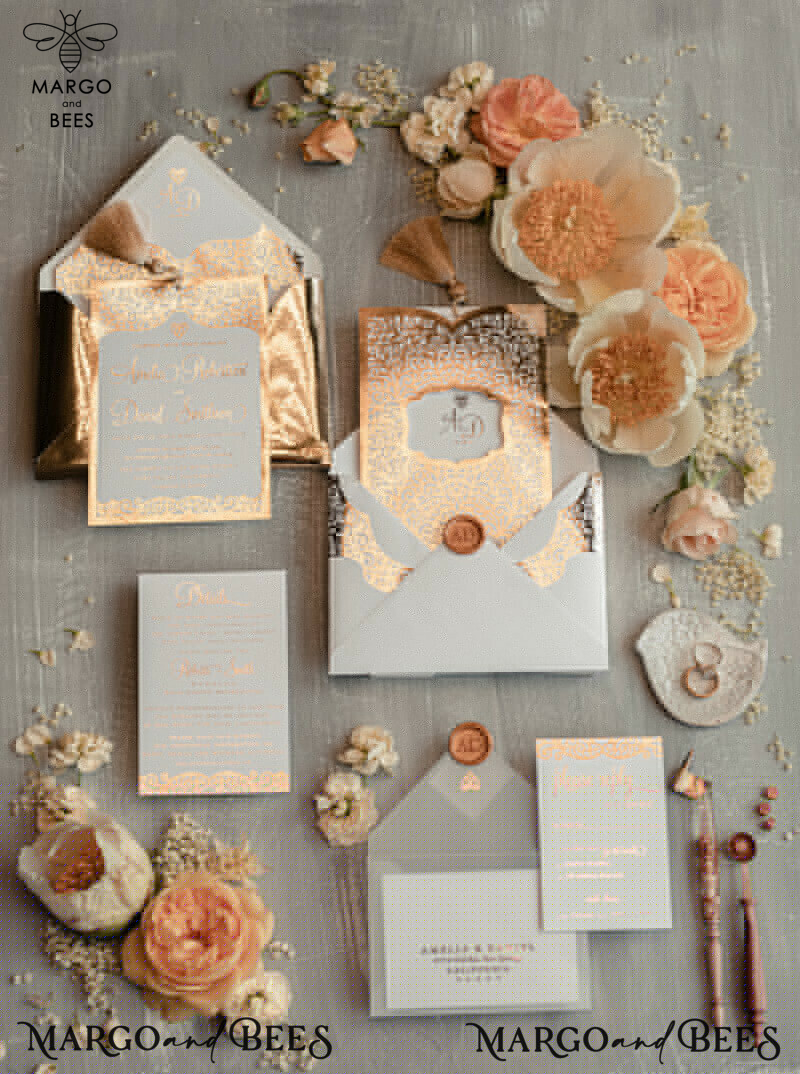 Luxury Golden Arabic Wedding Invitations: Glamour Pocket Wedding Invites With Gold Tassel-4