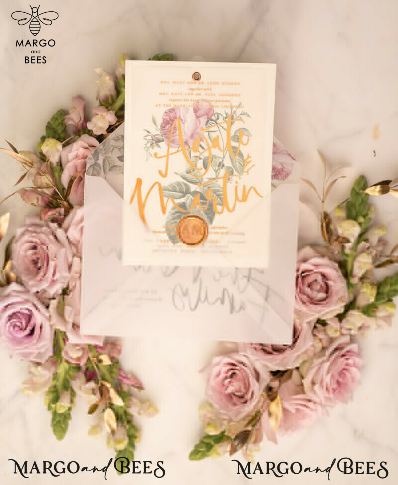 Floral Rose Gold wedding invitations, Blush Roses  Vellum Wedding Invites, Luxory Modern Wedding Cards -10