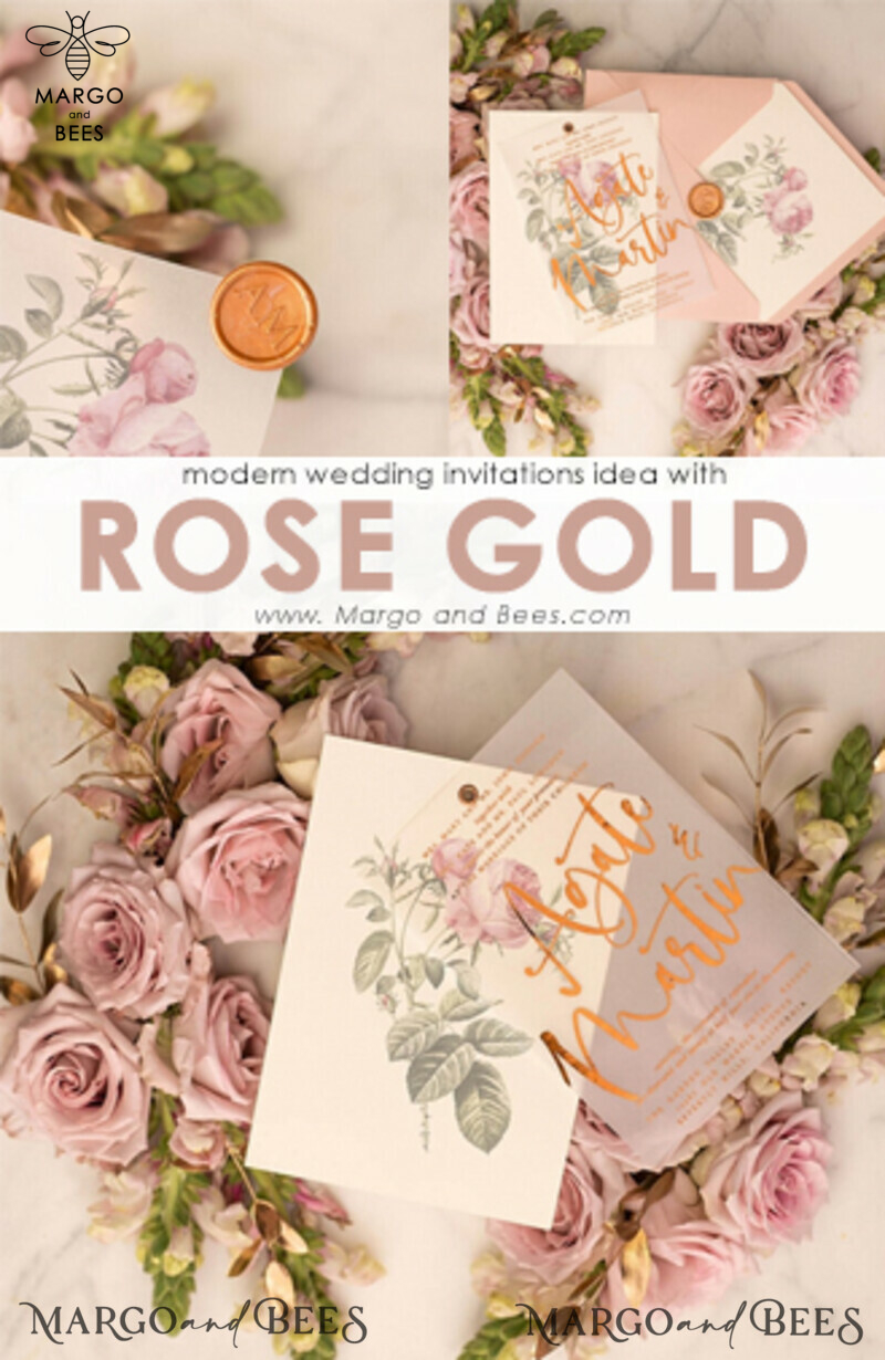 Floral Rose Gold wedding invitations, Blush Roses  Vellum Wedding Invites, Luxory Modern Wedding Cards -11