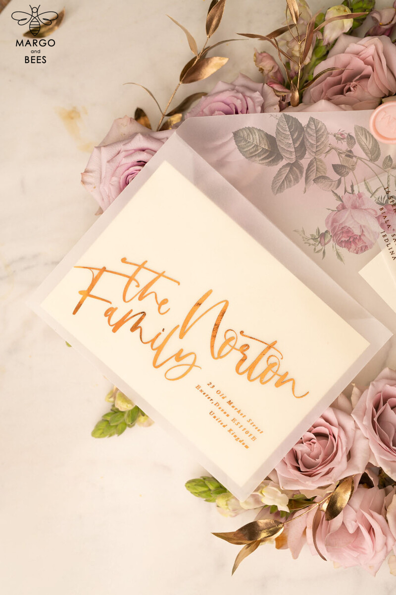 Exquisite Vellum Wedding Cards: Unveiling Glamour Golden Invitations and Bespoke Blush Pink Stationery in a Luxury Invitation Suite with Floral Elegance-2