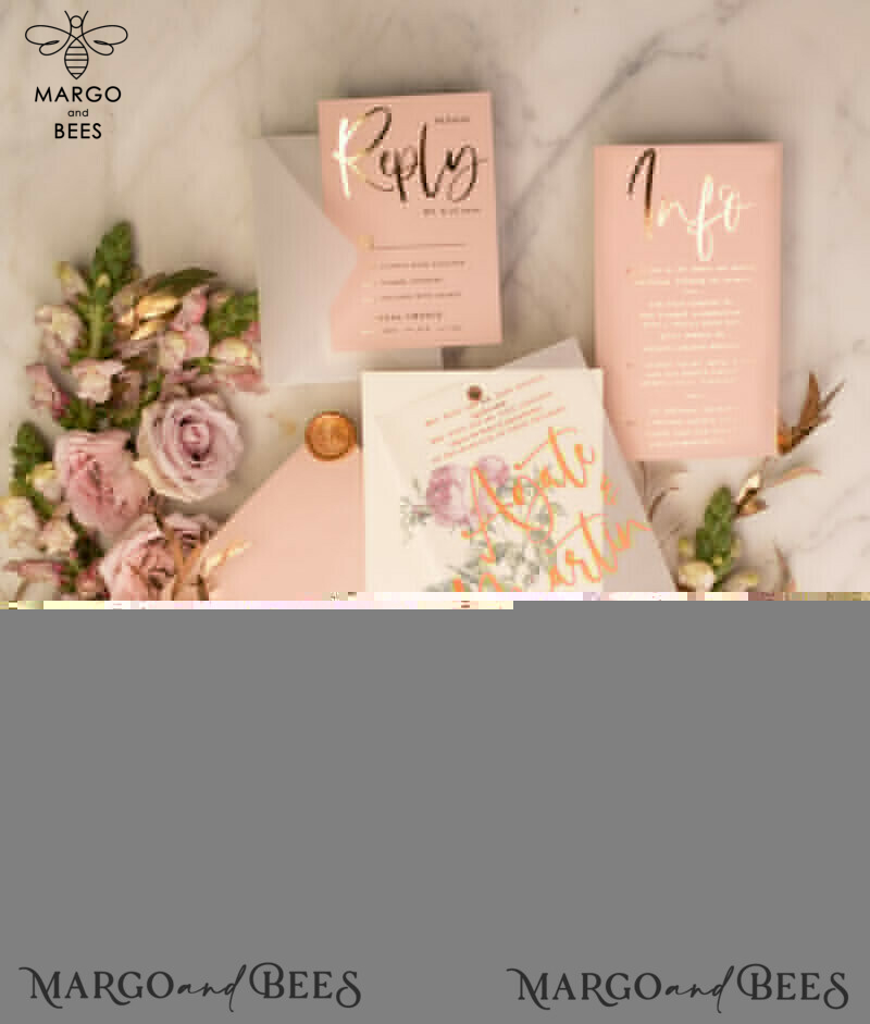 Exquisite Floral Wedding Stationery: Elegant Vellum Wedding Cards, Glamour Golden Invitations, and Bespoke Blush Pink Invites in a Luxury Wedding Invitation Suite-5