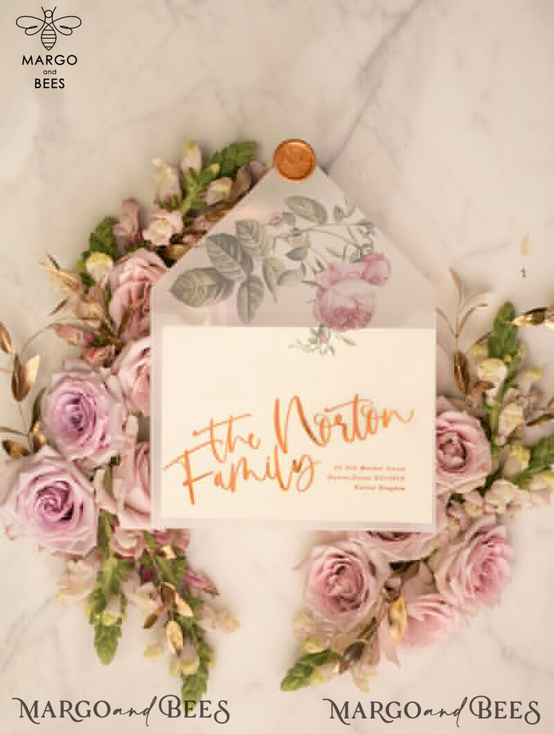 Exquisite Floral Wedding Stationery: Elegant Vellum Wedding Cards, Glamour Golden Invitations, and Bespoke Blush Pink Invites in a Luxury Wedding Invitation Suite-7