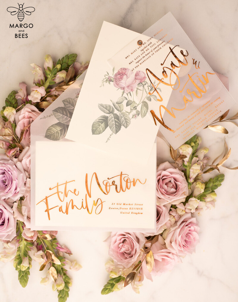 Exquisite Floral Wedding Stationery: Elegant Vellum Wedding Cards, Glamour Golden Invitations, and Bespoke Blush Pink Invites in a Luxury Wedding Invitation Suite-8