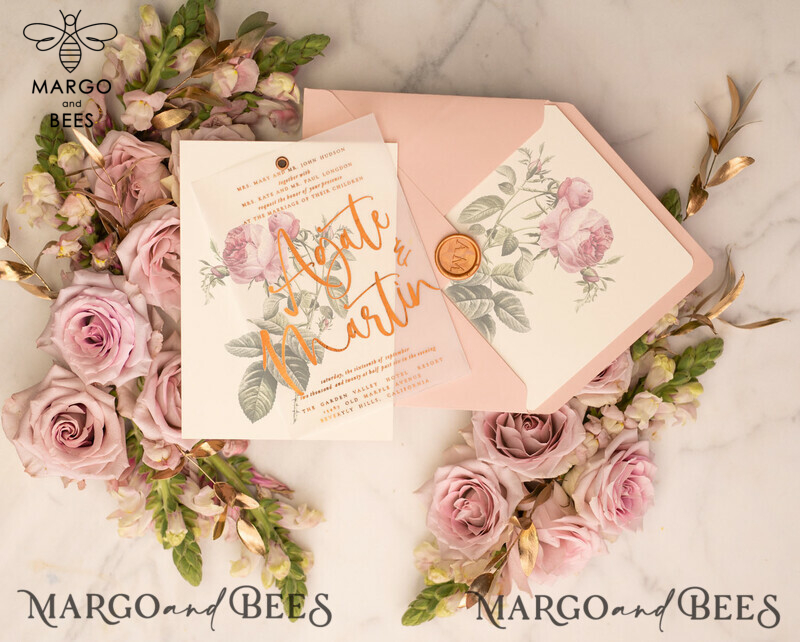 Floral Rose Gold wedding invitations, Blush Roses  Vellum Wedding Invites, Luxory Modern Wedding Cards -0