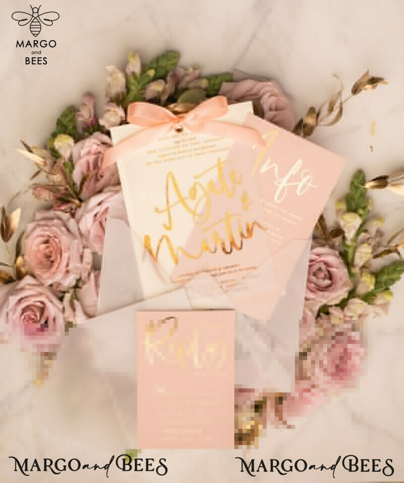 Elegant Blush Pink and Gold Foil Wedding Invitations with Vellum Envelope and Luxurious Gold Accessories-13