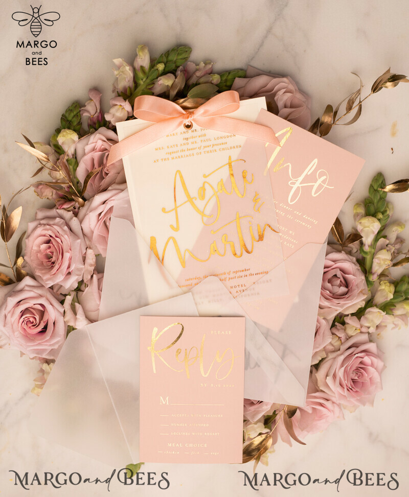 Elegant Blush Pink and Gold Foil Wedding Invitations with Vellum Envelope and Luxurious Gold Accessories-15