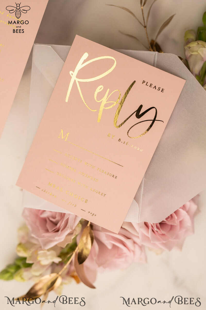 Elegant Blush Pink and Gold Foil Wedding Invitations with Vellum Envelope and Luxurious Gold Accessories-17
