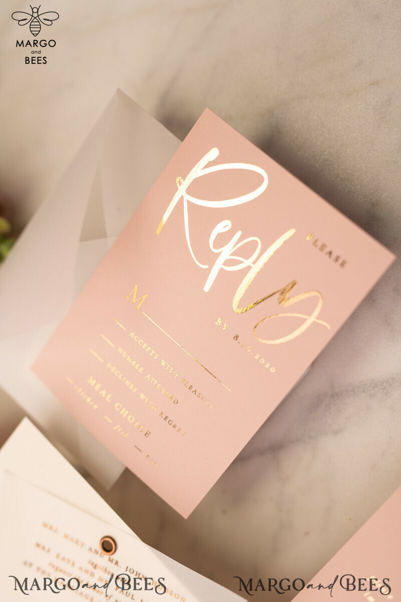 Elegant Blush Pink Wedding Invitations with Vellum Envelope and Gold Foil Print: The Perfect Choice for a Luxurious and Romantic Wedding-2