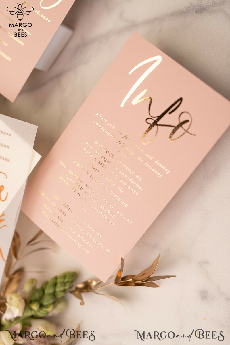 Elegant Blush Pink and Gold Foil Wedding Invitations with Vellum Envelope and Luxurious Gold Accessories-3