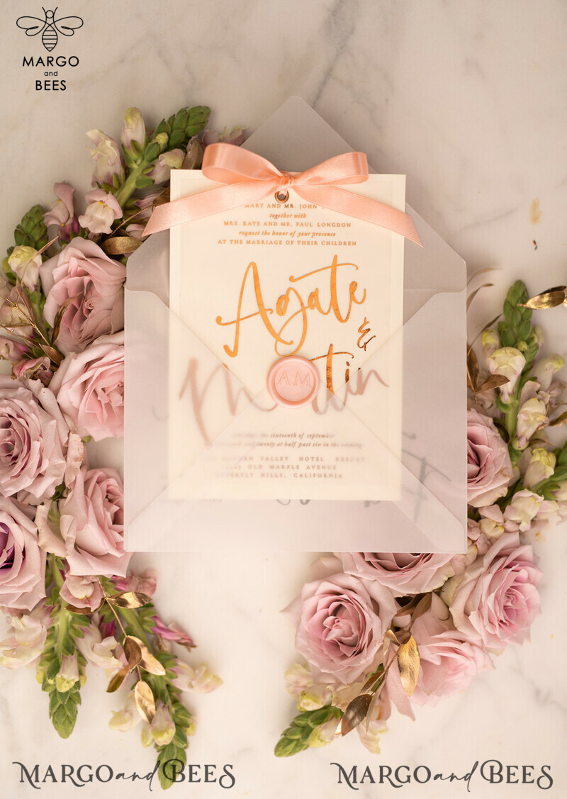 Elegant Blush Pink and Gold Foil Wedding Invitations with Vellum Envelope and Luxurious Gold Accessories-4