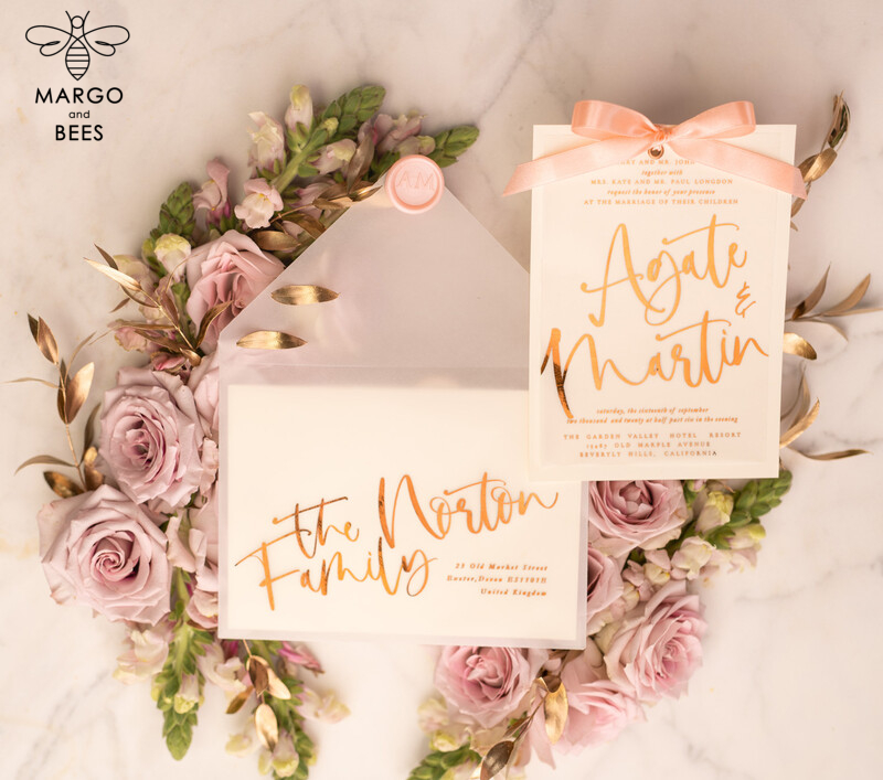 Elegant Blush Pink and Gold Foil Wedding Invitations with Vellum Envelope and Luxurious Gold Accessories-5