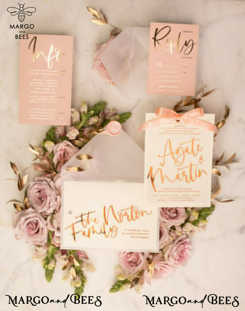 Elegant Blush Pink Wedding Invitations with Vellum Envelope and Gold Foil Print: The Perfect Choice for a Luxurious and Romantic Wedding-8