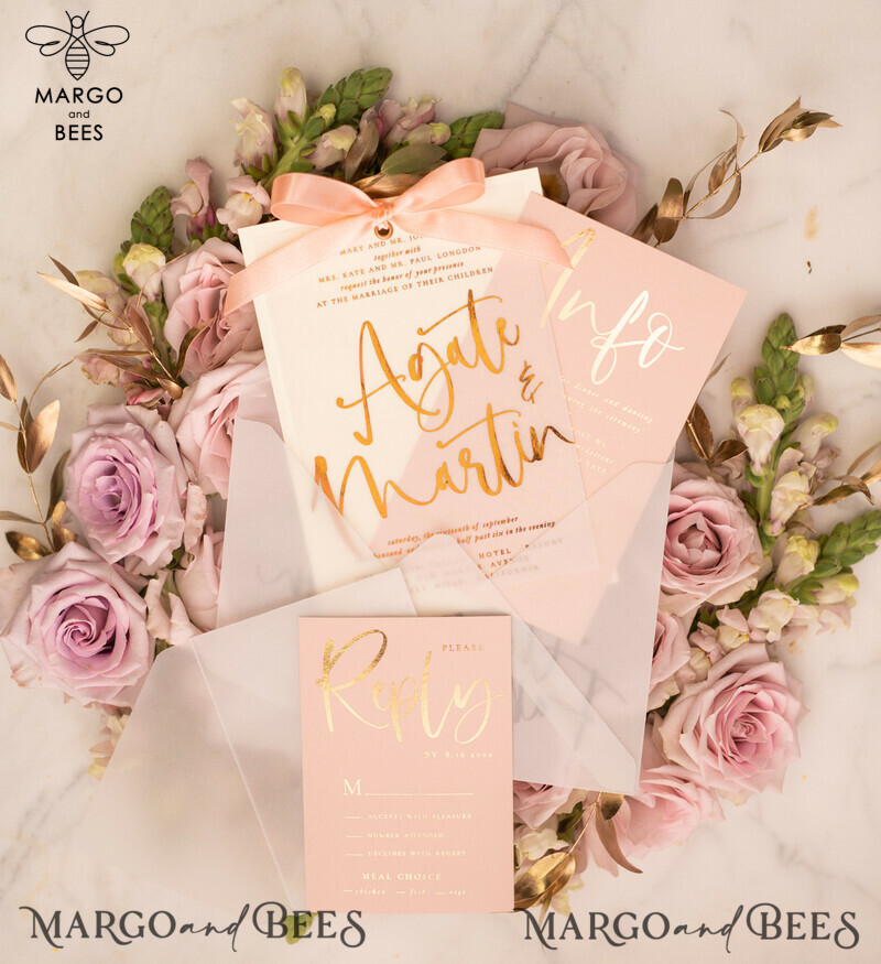 Elegant Blush Pink and Gold Foil Wedding Invitations with Vellum Envelope and Luxurious Gold Accessories-0