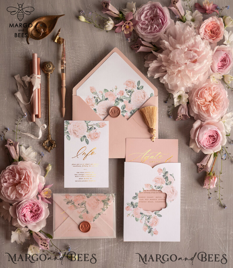 Glamour Golden Shine Wedding Invitation Suite, Romantic Blush Pink Wedding Invitations, Luxury Arabic Wedding Cards With Gold Tassel, Elegant Floral Wedding Invites-1