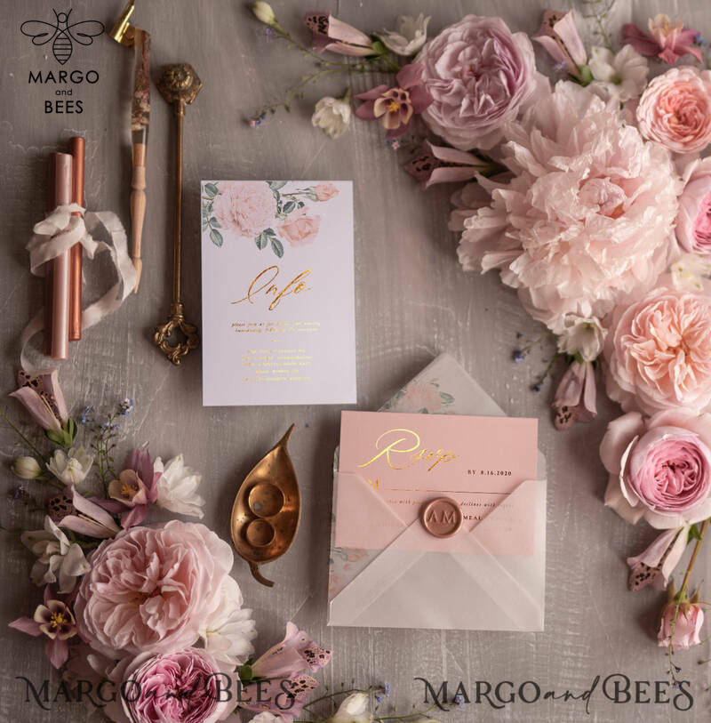 Glamour Golden Shine Wedding Invitation Suite, Romantic Blush Pink Wedding Invitations, Luxury Arabic Wedding Cards With Gold Tassel, Elegant Floral Wedding Invites-10