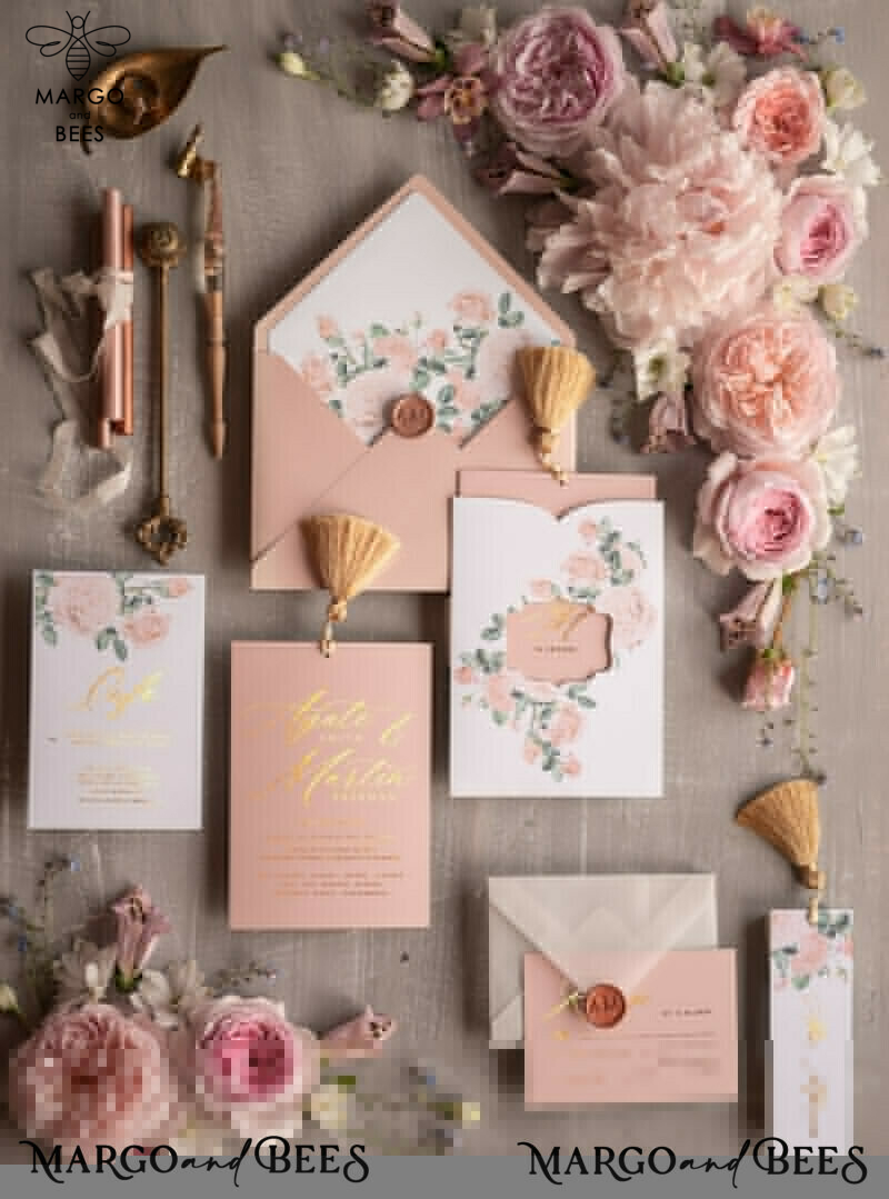 Elegant Blush  wedding invitation Suite, Luxury Arabic Gold Wedding Cards, Pocket Wedding Invites with Blush Flowers ang Gold Tassel-11