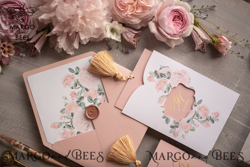 Glamour Golden Shine Wedding Invitation Suite: Romantic Blush Pink Floral Luxury Arabic Wedding Cards With Gold Tassel-12