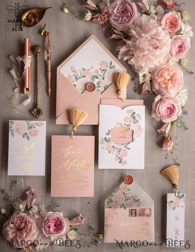 Glamour Golden Shine Wedding Invitation Suite, Romantic Blush Pink Wedding Invitations, Luxury Arabic Wedding Cards With Gold Tassel, Elegant Floral Wedding Invites-13