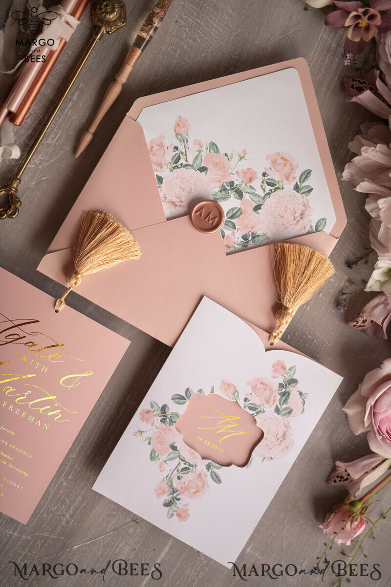 Elegant Blush  wedding invitation Suite, Luxury Arabic Gold Wedding Cards, Pocket Wedding Invites with Blush Flowers ang Gold Tassel-2
