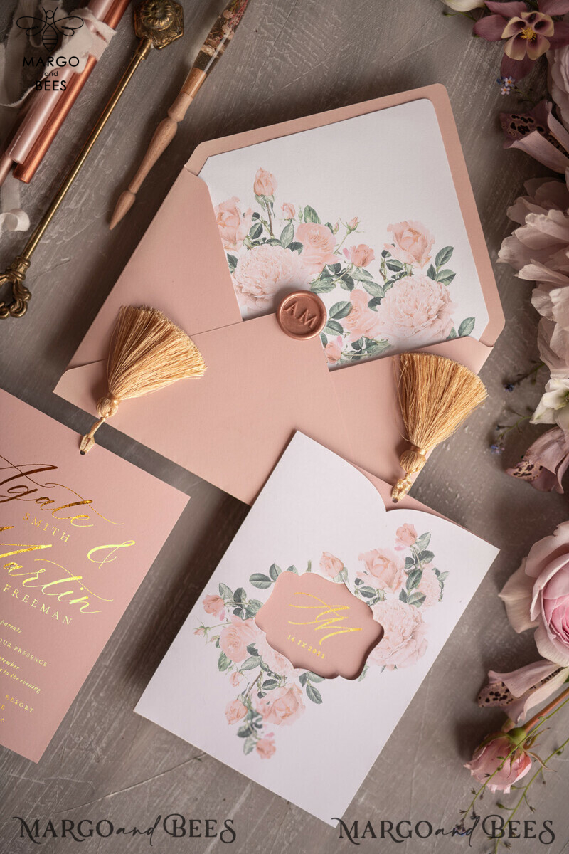 Glamour Golden Shine Wedding Invitation Suite, Romantic Blush Pink Wedding Invitations, Luxury Arabic Wedding Cards With Gold Tassel, Elegant Floral Wedding Invites-2