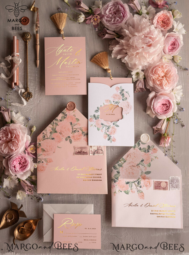 Glamour Golden Shine Wedding Invitation Suite, Romantic Blush Pink Wedding Invitations, Luxury Arabic Wedding Cards With Gold Tassel, Elegant Floral Wedding Invites-3