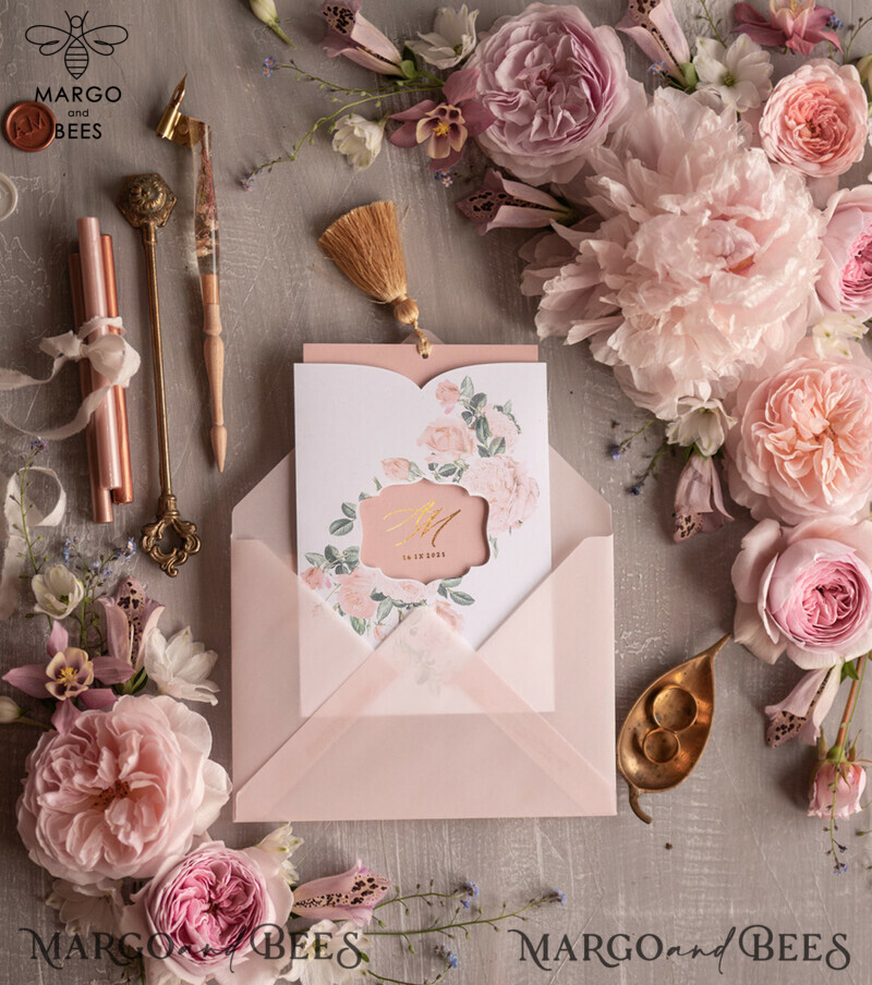 Glamour Golden Shine Wedding Invitation Suite, Romantic Blush Pink Wedding Invitations, Luxury Arabic Wedding Cards With Gold Tassel, Elegant Floral Wedding Invites-4