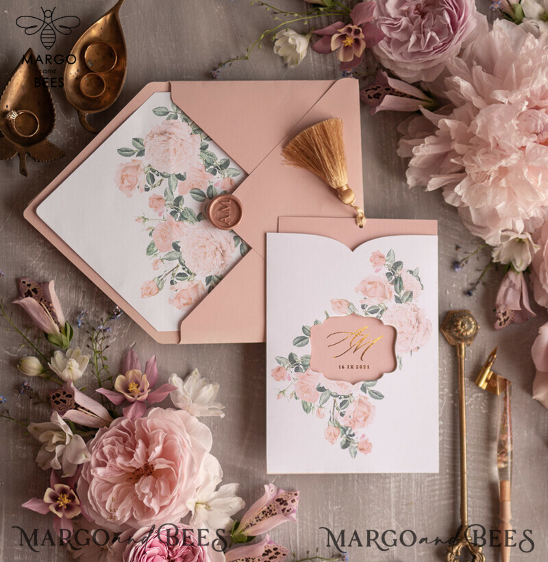 Glamour Golden Shine Wedding Invitation Suite: Romantic Blush Pink Floral Luxury Arabic Wedding Cards With Gold Tassel-5