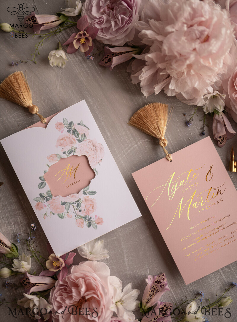 Glamour Golden Shine Wedding Invitation Suite, Romantic Blush Pink Wedding Invitations, Luxury Arabic Wedding Cards With Gold Tassel, Elegant Floral Wedding Invites-6