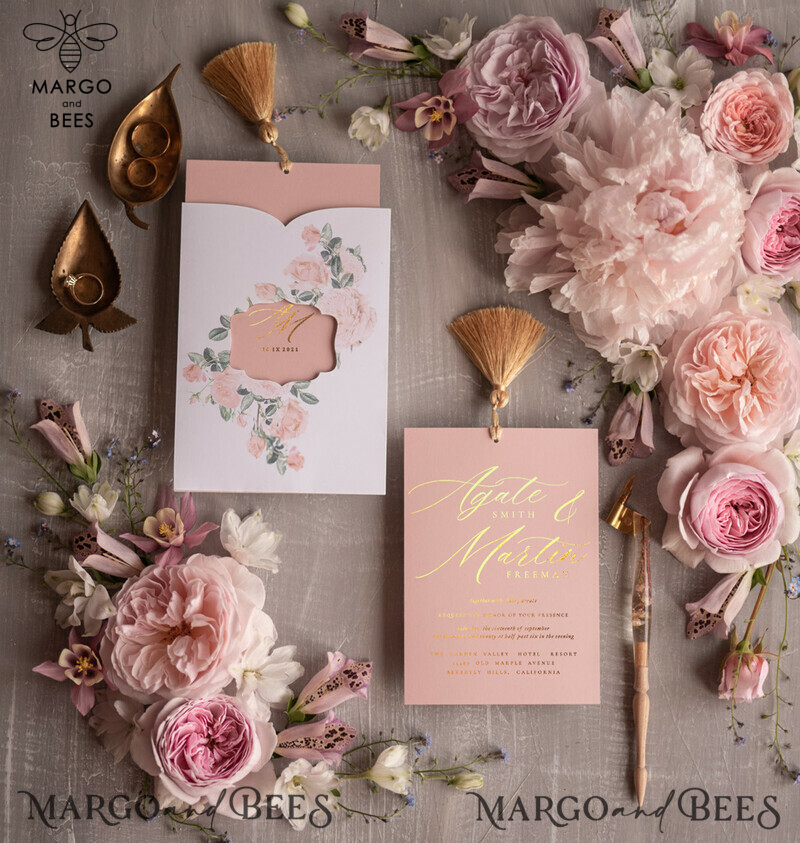 Glamour Golden Shine Wedding Invitation Suite, Romantic Blush Pink Wedding Invitations, Luxury Arabic Wedding Cards With Gold Tassel, Elegant Floral Wedding Invites-7