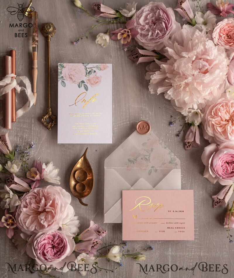 Glamour Golden Shine Wedding Invitation Suite: Romantic Blush Pink Floral Luxury Arabic Wedding Cards With Gold Tassel-8