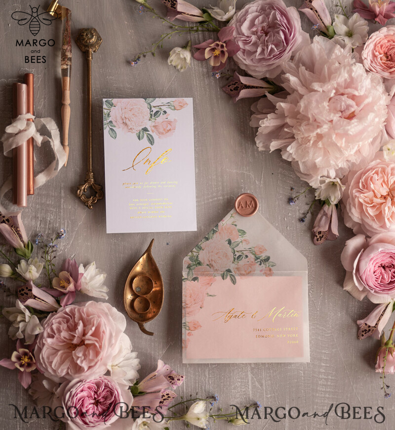 Glamour Golden Shine Wedding Invitation Suite: Romantic Blush Pink Floral Luxury Arabic Wedding Cards With Gold Tassel-9