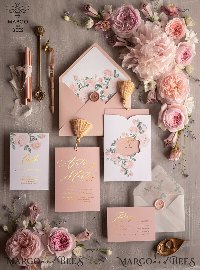 Glamour Golden Shine Wedding Invitation Suite: Romantic Blush Pink Floral Luxury Arabic Wedding Cards With Gold Tassel-0
