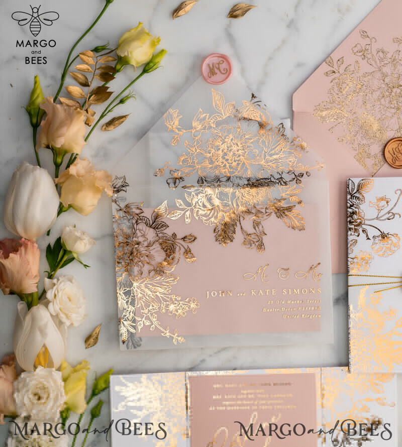 Blush Gold Wedding Invitations , Luxury Indian Wedding Cards, Twine and wax seal Wedding stationery -2