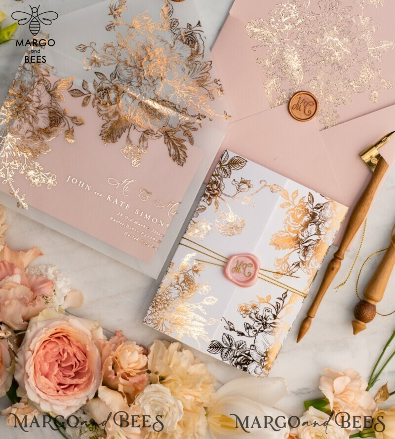 Luxury Arabic Gold Foil Wedding Invitations, Glamour Golden Shine Wedding Invites, Romantic Blush Pink Wedding Cards, Elegant Indian Wedding Invitation Suite-6
