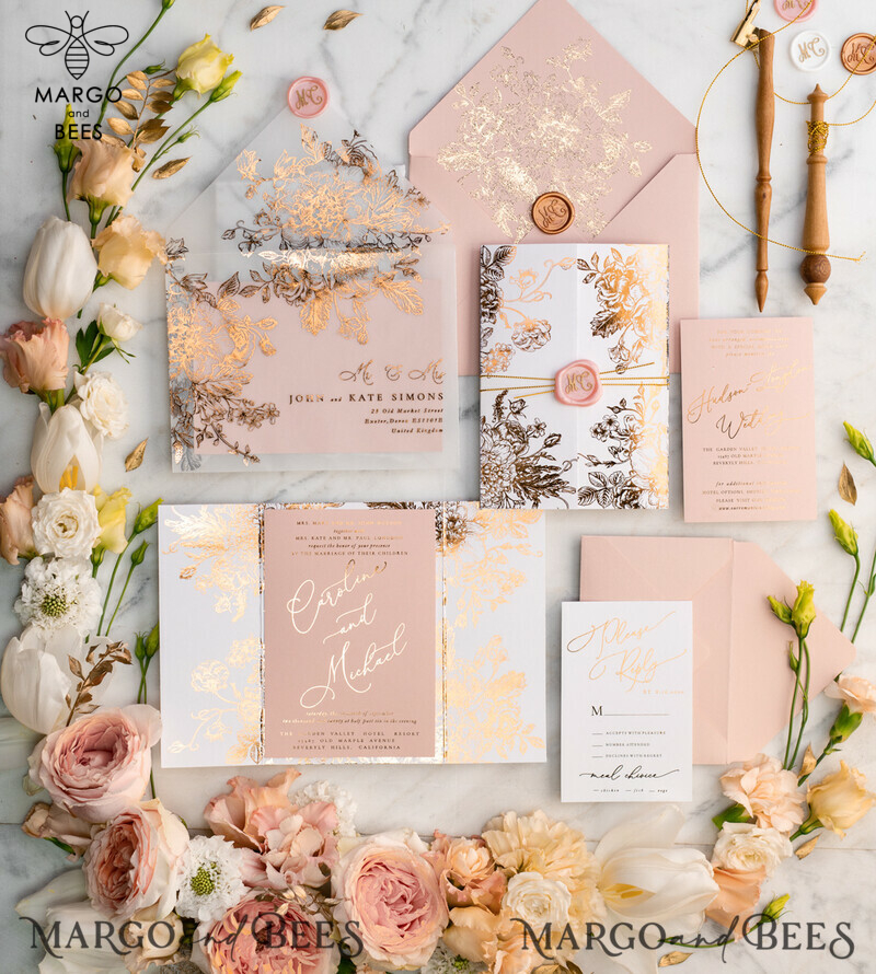 Luxury Arabic Gold Foil Wedding Invitations, Glamour Golden Shine Wedding Invites, Romantic Blush Pink Wedding Cards, Elegant Indian Wedding Invitation Suite-0