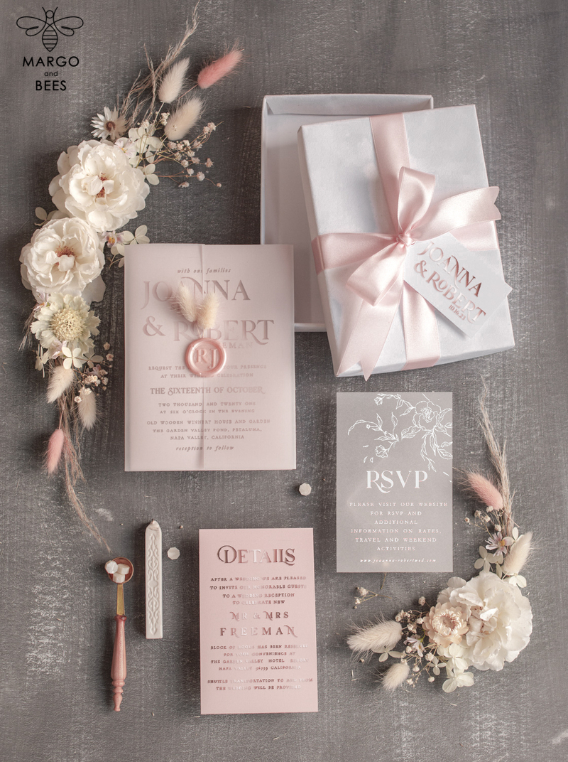 Luxury Wedding Velvet Box Invitation Suite, Glamour Rose Gold Wedding Invite, Blush Velvet wedding Cards with bow-1