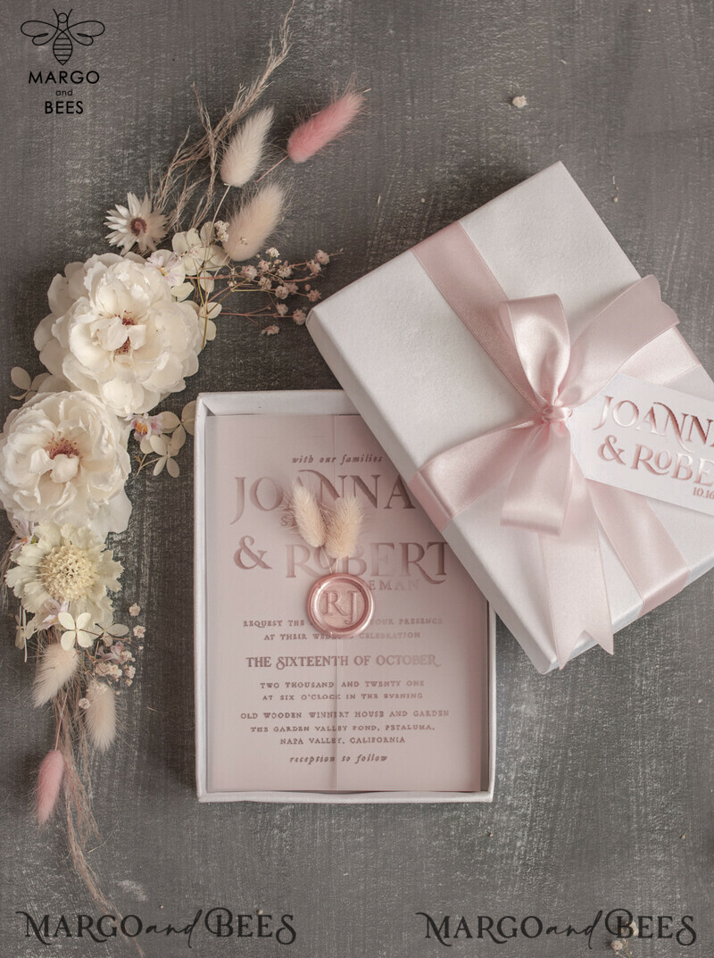 Luxury Rose Gold Box Wedding Invitations, Romantic Blush Pink Wedding Invitation Suite, Bespoke White Vellum Wedding Cards With Bow, Glamour Pastel Pink Invites-2