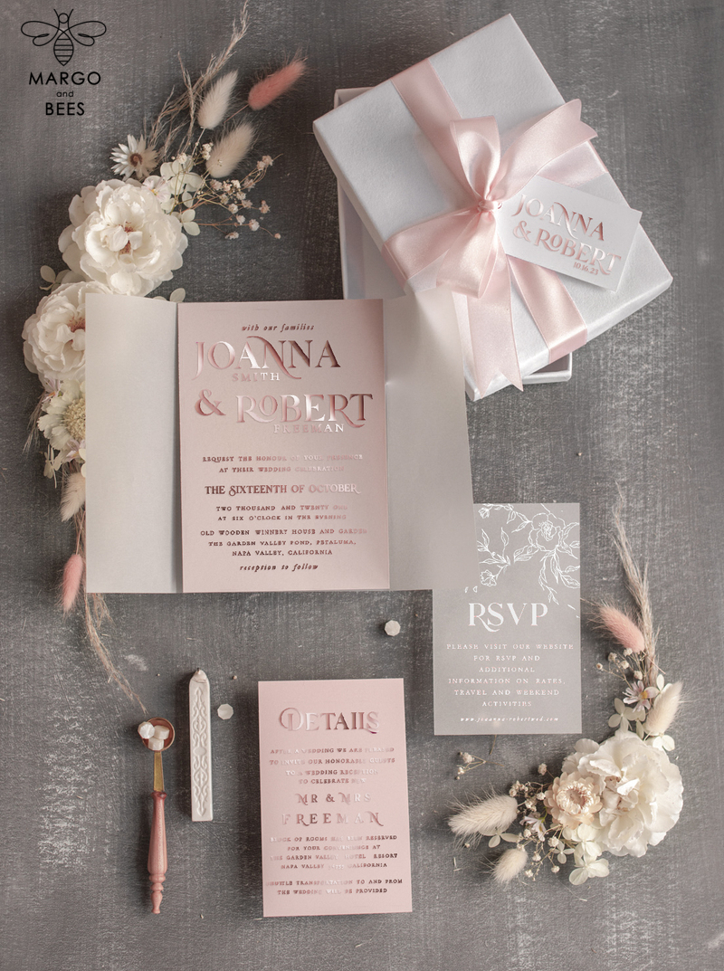 Luxury Wedding Velvet Box Invitation Suite, Glamour Rose Gold Wedding Invite, Blush Velvet wedding Cards with bow-0