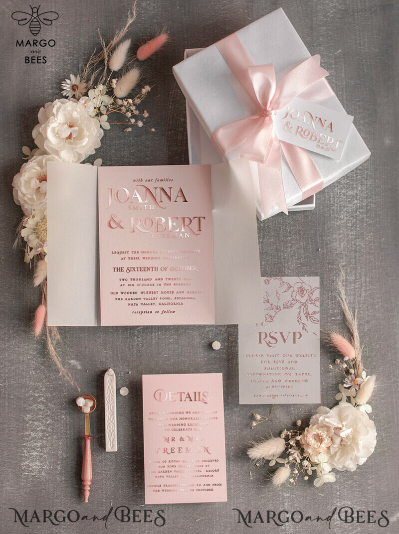 Elegant Rose Gold Box Wedding Invitations - Romantic Blush Pink Invitation Suite, Bespoke White Vellum Cards With Bow, Glamour Pastel Pink Invites-0