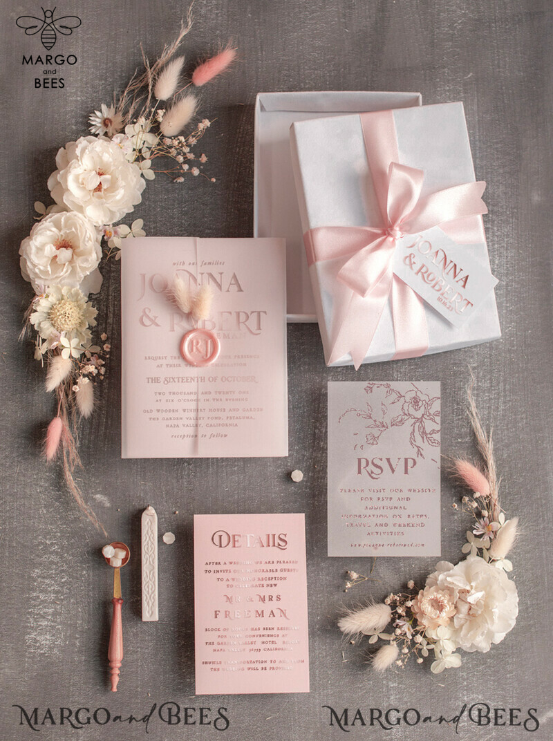 Elegant Rose Gold Box Wedding Invitations - Romantic Blush Pink Invitation Suite, Bespoke White Vellum Cards With Bow, Glamour Pastel Pink Invites-1