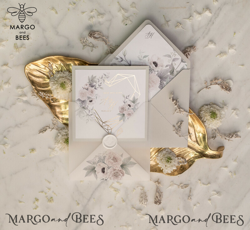 Bespoke Floral Wedding Stationery: Luxury Golden Shine and Glamour Gold Foil Wedding Invitations with Elegant Grey Pocketfold-2