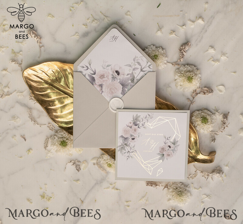 Bespoke Floral Wedding Stationery: Luxury Golden Shine and Glamour Gold Foil Wedding Invitations with Elegant Grey Pocketfold-4