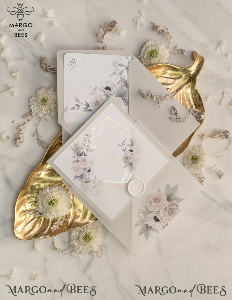 Bespoke Floral Wedding Stationery: Luxury Golden Shine and Glamour Gold Foil Wedding Invitations with Elegant Grey Pocketfold-5