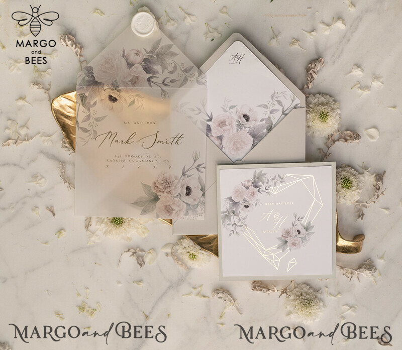 Luxury Golden Shine: Glamour Gold Foil Wedding Invitations with Elegant Grey Pocketfold and Bespoke Floral Stationery-6