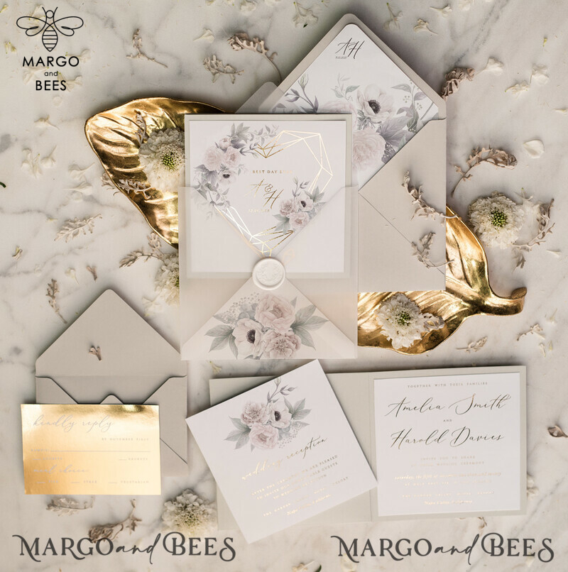 Bespoke Floral Wedding Stationery: Luxury Golden Shine and Glamour Gold Foil Wedding Invitations with Elegant Grey Pocketfold-0